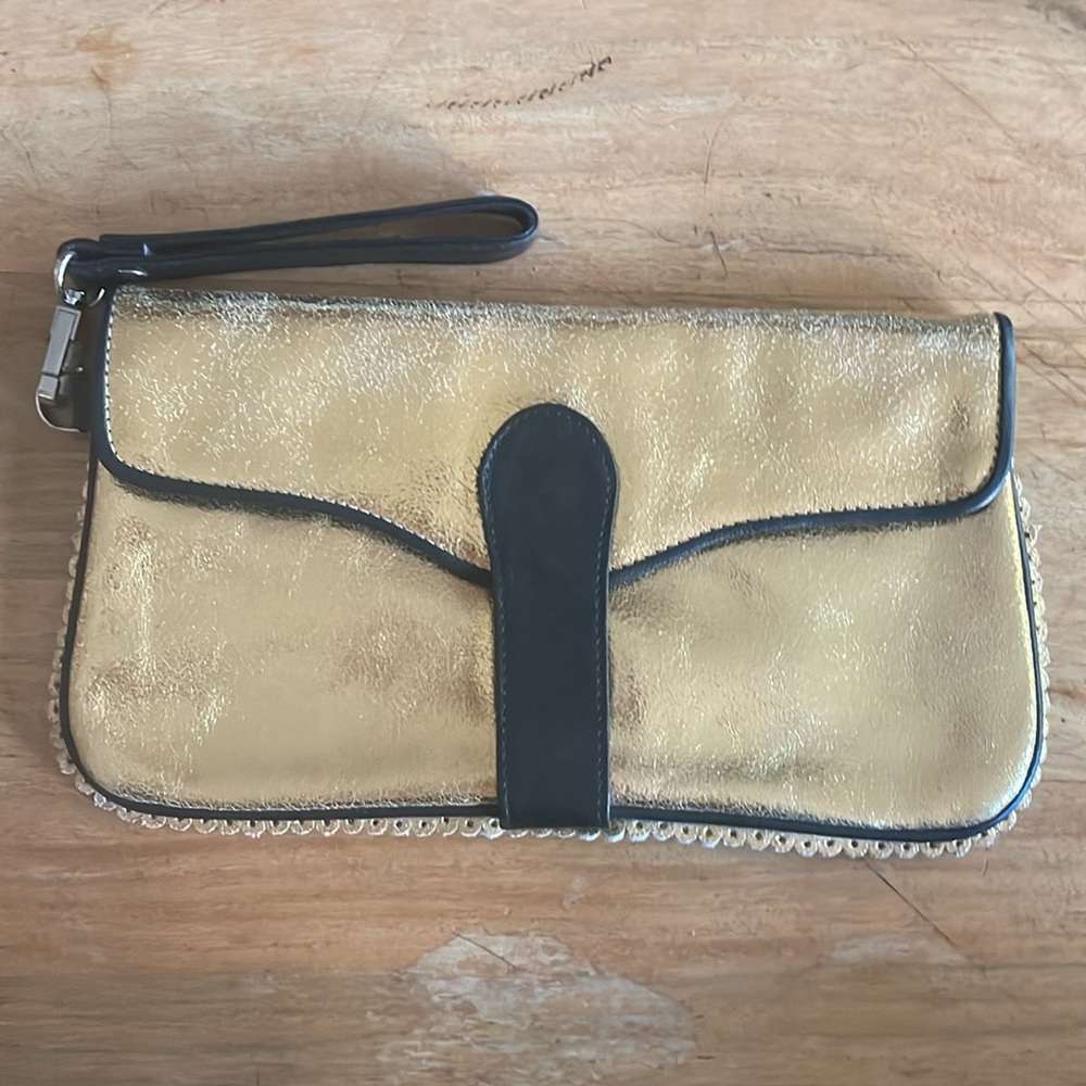 Irregular Choice gold and black leather clutch Y2K